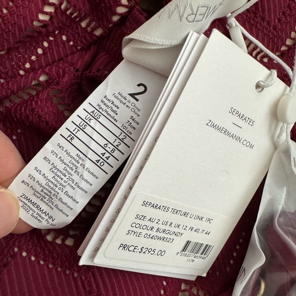 ZIMMERMAN Textured U-Link One Piece | Burgundy, Lined, Full Coverage AS IS - Picture 4 of 7